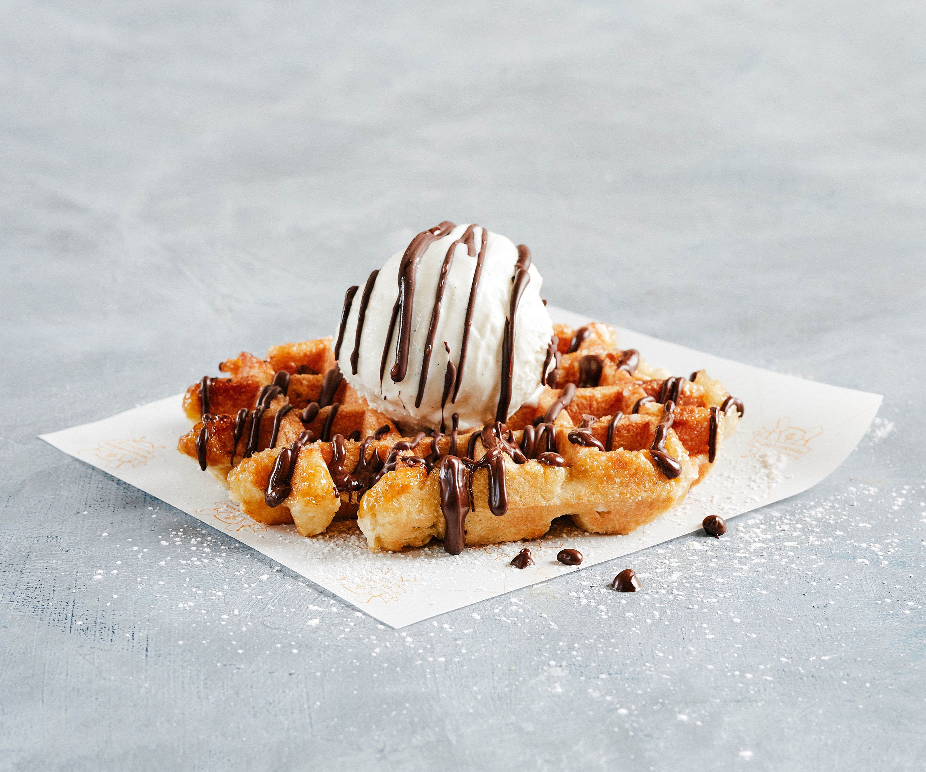 The Bom waffle, with a big  ice cream and chocolate fudge