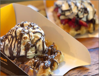 The Bom waffle, with a big  ice cream and chocolate fudge