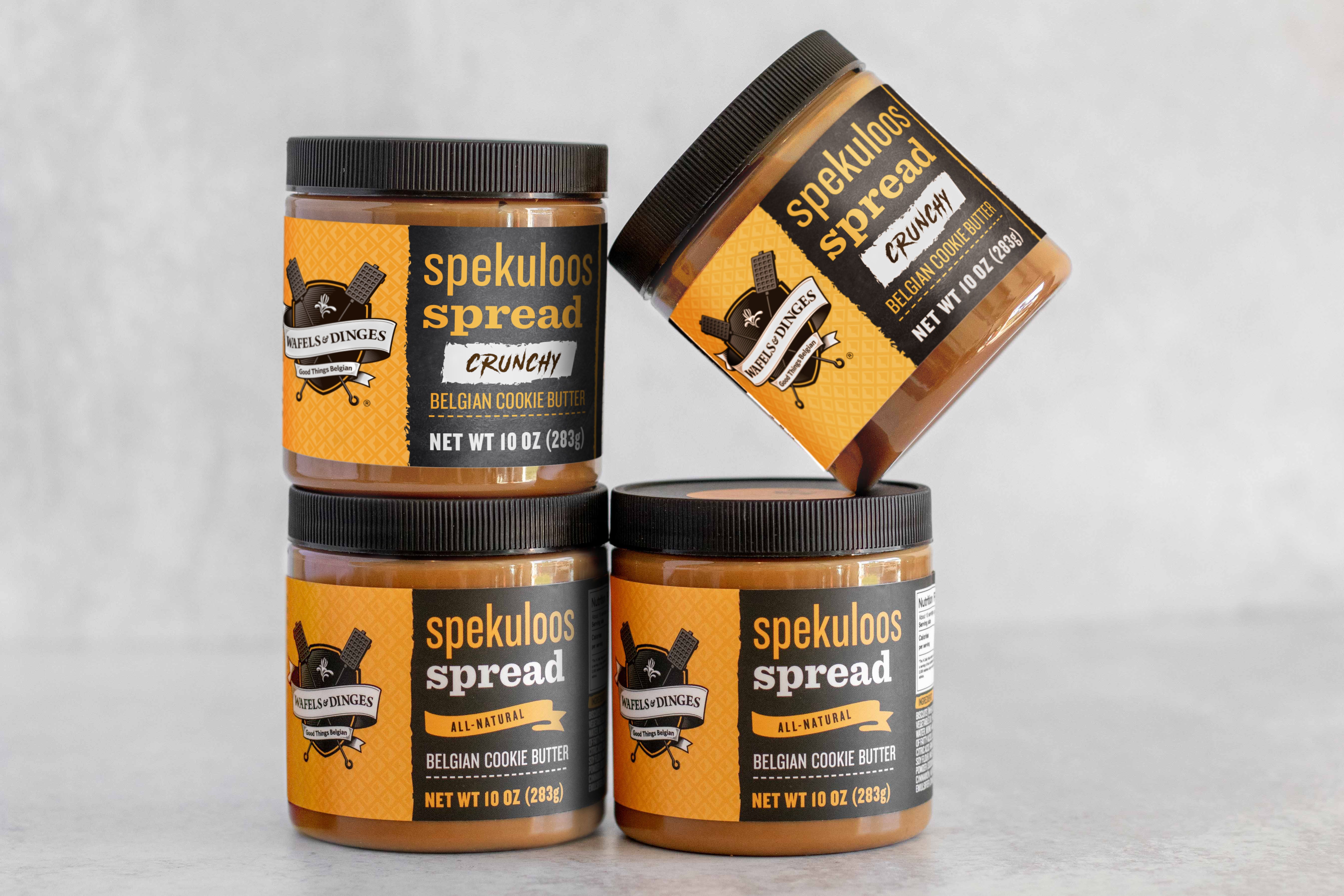 Four jars of spekuloos spread, crunchy and smooth style