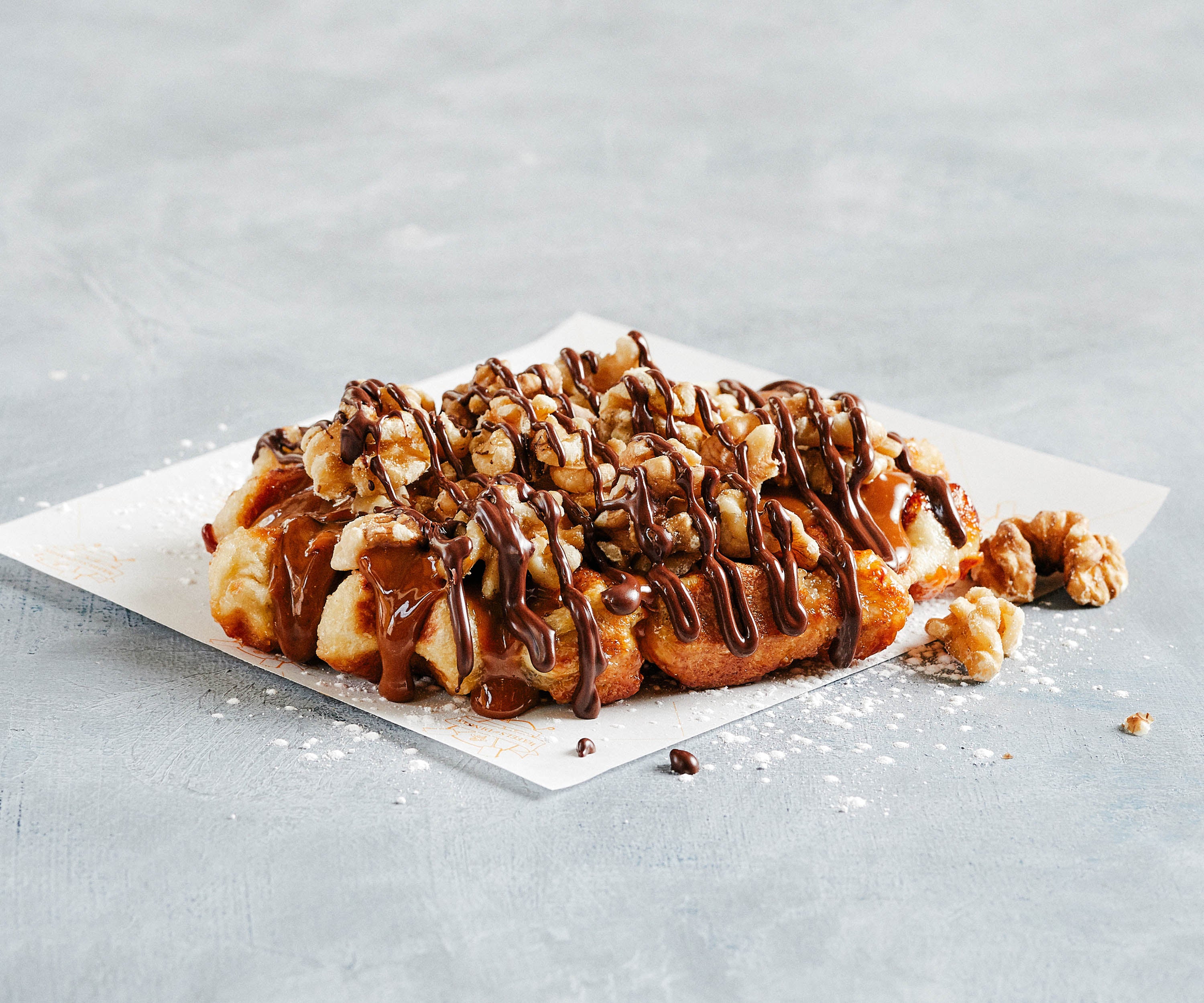 The turtle waffle, with walnuts  and chocolate fudge